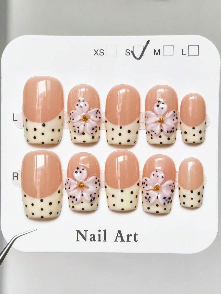 10 piezas de uñas postizas cuadradas con lunares franceses y tallado 3D, estilo Y2K lindo para chicas, versátiles y de alta gama, hechas a mano tipo Ins, para uso diario de mujeres, suministros de arte de uñas - Amarillo - Ver 1