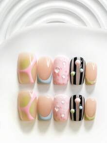 10件裝休閒風手工穿戴式假指甲，Polygel美甲套組，線條、波點與水滴圖案，綠藍粉三色指甲油，時尚風格，含美甲工具，3種尺寸可選，方型、短方型、杏仁形，適合派對、跳舞、日常配戴 - 彩色 - 查看 4