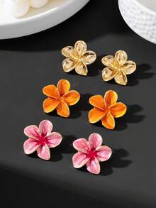 3 paires de boucles d'oreilles à tige pour femmes, style plage de vacances d'été, multicolores mélangées, élégantes et luxueuses, faites à la main, effet goutte d'huile, fraîches et douces, motif plumeria - Multicolore - Voir 2