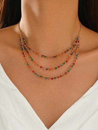 1pc Vintage Luxury Multi-Layer Colorful Beaded Tassel Necklace, Niche Design Women's Neck Jewelry, Suitable For Daily Wear, Dating And Vacation, Chain Length Cut By Section, Number Of Sections Not Fixed, Bead Colors Are Random