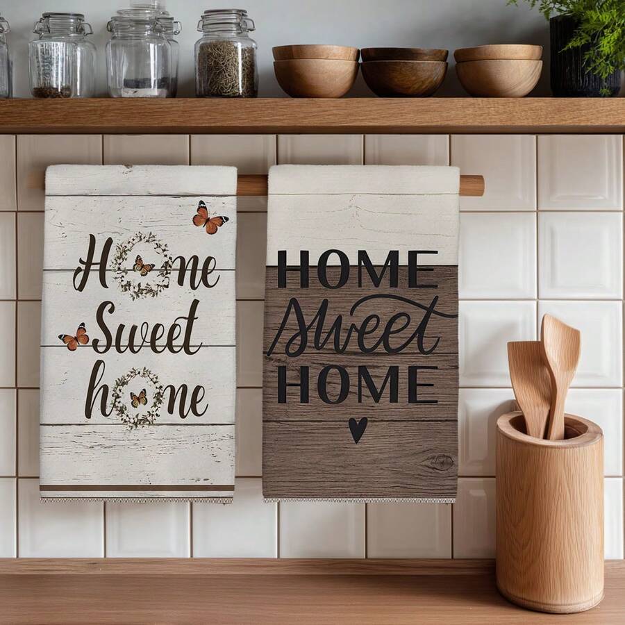 2件組「Sweet Home」標語蝴蝶印花超細纖維廚房毛巾,復古風 40*60cm 長方形抹布、桌布、手巾,廚房裝飾、居家浴室裝飾,鄰居喬遷禮物,廚房餐巾與抹布,家居裝飾 - 淺灰色 - 查看 1