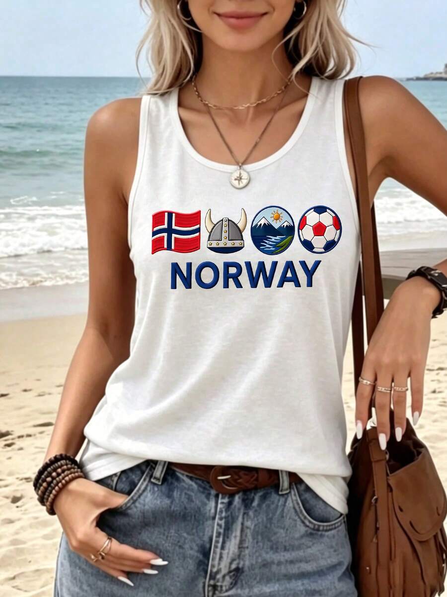 Bestseller Retro Streetwear Norway Viking Football Travel Graphic Women's Sleeveless Tank Top, For Street Hangout Beach Trip Daily Shopping - White - View 1