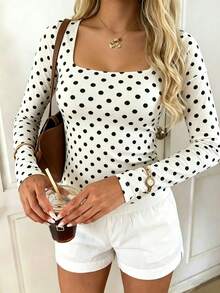 Happyevery Women's Autumn/Winter Minimalist Commute Outfit Contrast Color Polka Dot Print Pullover T-Shirt, Suitable For Back To School, Teacher's Day, Office Commute, Daily Casual, Everyday Wear, Beach Vacation, Beach, Holiday, Birthday Party - White - View 4