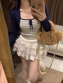 Contrast Stripe Camisole With Bow Accent & Shrug Cardigan 2 Pieces Set, Spring/Summer - Navy Blue - View 1