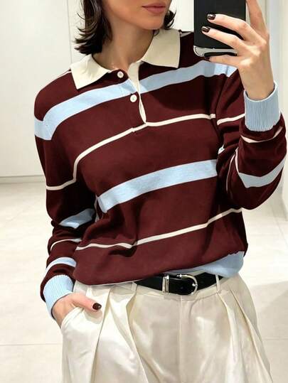 Yuwenier Blue Brown Stripe Polo Collar Knit Top Long Sleeve Button Front Cropped Slim Fit Sweater For Casual Daily Back To School Outfit