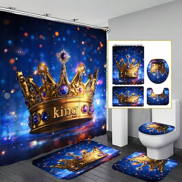 2D Flat, 2D Flat 4pcs King Crown Shower Curtain Set, Majestic Royal Bathroom Decor, Additions With, U-Shaped, Toilet Lid Cover, 12 Hooks 70.87X70.87inch Curtain, Regal Theme, Home Decor, Bathroom Additions
