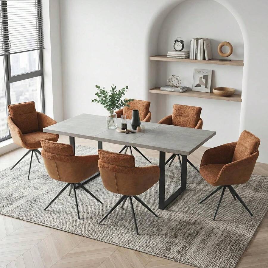 jiexi Extendable Dining Table And 4-6 Chair Set, 130-170cm Grey MDF Dining Table With Brown Teddy Fabric Dining Chairs With Metal Legs For Kitchen, Living Room - Brown - View 1