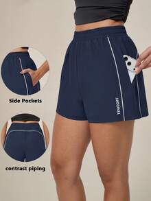 TimeOff Women's 1pc Colorblock White Stripe Side Pocket Elastic Drawstring Waist Sports Shorts - Blue - View 1