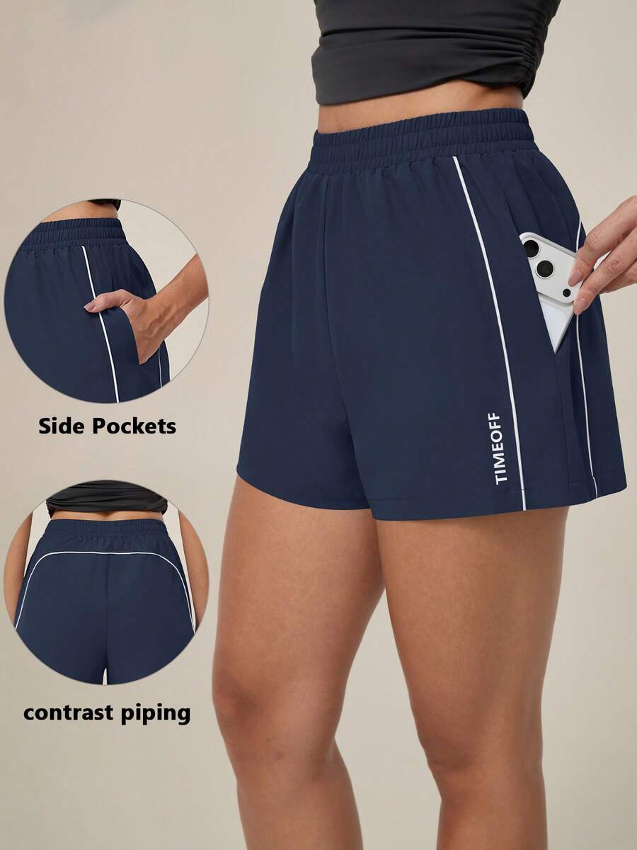 TimeOff Women's 1pc Colorblock White Stripe Side Pocket Elastic Drawstring Waist Sports Shorts - Blue - View 1