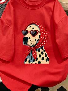 Women's 100% Cotton T-Shirt With Dalmatian Print, Dog Graphic With Red Polka Dot Bandana, Casual Loose Fit, Short Sleeve, Fun And Unique Gift For Dog Lovers - 紅色 - 查看 7
