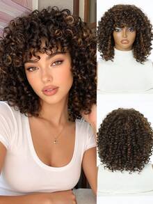 Afro Curly Shoulder Length Synthetic Wig Kinky Curly Wigs Synthetic Wig Curly Full Wig For Women - Multicolor - View 2