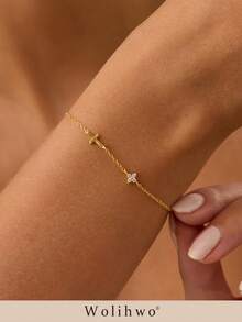 1pc 14K Gold Plated Women's Bracelet, Clover Cross Exquisite Non-Fading Jewelry, Christian Baptism Religious Jewelry Gift - Gold - View 6