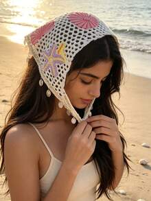1pc Mermaid Core Ocean Style Handmade Hollow Crochet Triangle Headband, Starfish & Shell Embroidery Pendant Tassel Mesh Headscarf, Saudi Girl Headwrap Inner Layer, Beach Vacation Vibe Hair Accessory - Multicolor - View 8
