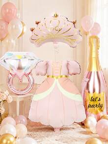 4pcs Princess Party Balloon Set, Includes Princess Crown And Princess Dress Foil Balloons, Colorful Diamond Balloons, Champagne Balloons, Suitable For Princess Theme Party, Birthday, Wedding, Anniversary, Princess Style Atmosphere Decoration, Pink Scene Decoration, Gender Reveal Party, Girl Birthday, Princess Birthday - Multicolor - View 3