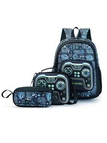 3pcs Game Controller Pattern Backpack Set, Includes Insulated Lunch Bag And Pencil Case, Large Capacity Multi-Layer Waterproof School Bag, Suitable For School - Multicolor - View 14