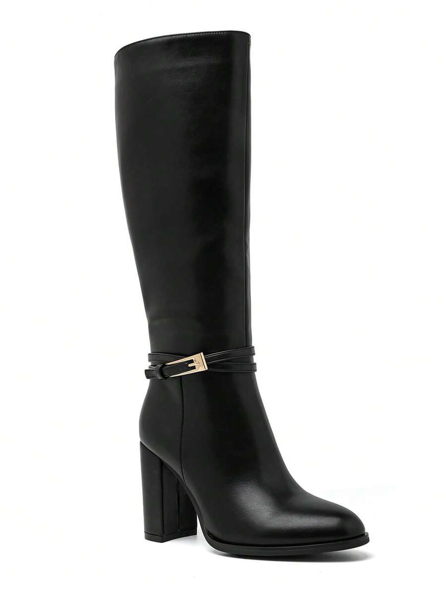 Bottes Hautes In Cuir Lisse à Talon Épais – L'Élégance Graphique Moderne - Black - View 1