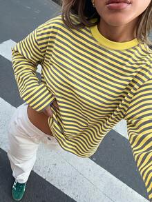 SDNGED Women's Casual Top, Striped Color Block Ribbed Fabric, Everyday Wear Spring/Autumn - Yellow Gray - View 4