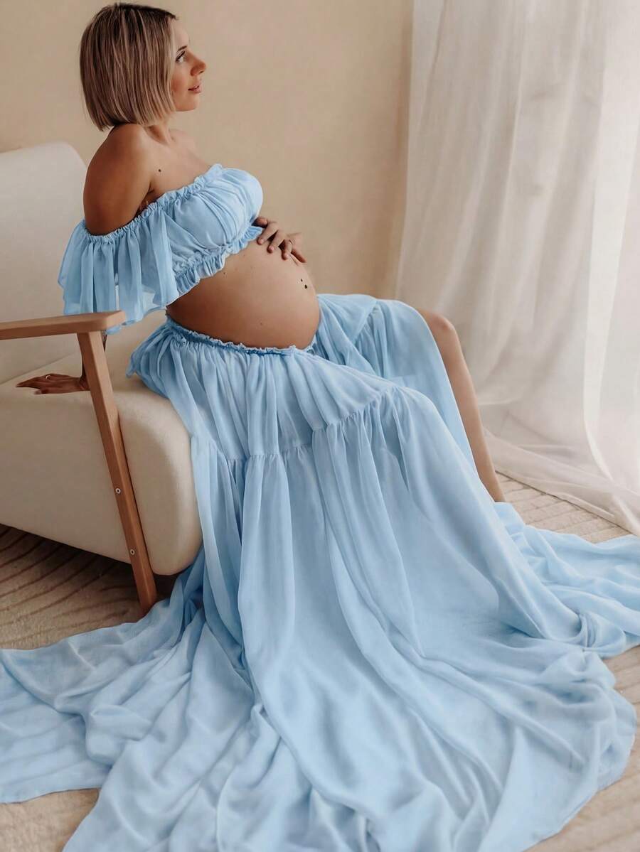 Maternity Sleeveless Ruched Dress, Chiffon Moderate Stretch Ruched Pleated Detail Front Slit Ruched Hem Maternity Photography Baby Shower Party Dress Spring - Baby Blue - View 1