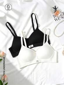 2pcs/Set Girls Ribbed Bra, Skin-Friendly, Suitable For 13-16 Years Old - Multicolor - View 1