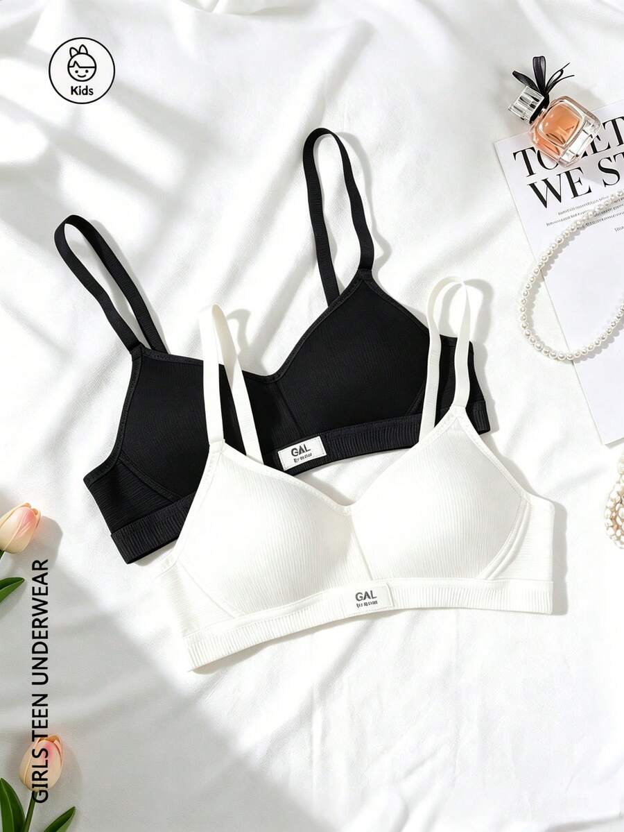 2pcs/Set Girls Ribbed Bra, Skin-Friendly, Suitable For 13-16 Years Old - Multicolor - View 1