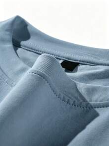 Autumn Light Grey Blue Minimalist Blessed Gothic Small Letter Print Long Sleeve T-Shirt, Simple Solid Color Loose Fit Daily Commute Versatile All-Match Layering Top - Dusty Blue - View 5