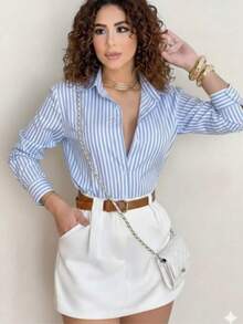 Women's Long-Sleeved Striped Shirt With Buttons, Loose Fit, In Premium Crepe Fabric, No Pockets, , Casual, Elegant - 淺藍色 - 查看 5
