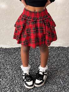 1pc Girls Fashion Versatile Retro Classic Plaid Skirt Spring Summer Autumn Back To School - Red - View 3