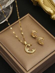 1pc Fashionable Full Rhinestone Star & Moon Stainless Steel Women's Necklace, 1 Pair Fashionable Full Rhinestone Star & Moon Stainless Steel Women's Earrings, Stainless Steel Jewelry, Gold Jewelry, Summer, Beach, Vacation Jewelry, Charm, Pride, Western Jewelry, Gift For Women, Gift, Birthday Gift - Yellow Gold - View 5
