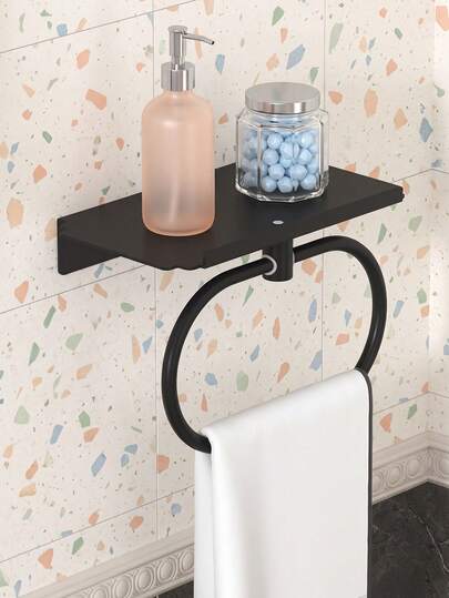 1pc Punch-Free Black Wall Mount Bathroom Storage Shelf With Towel Ring, Rustproof Hanging Organizer For Restroom Shower, Space-Saving Rack To Hold Skincare Bottles Storage Jars And Hang Hand Towels Daily Washroom Supplies