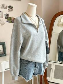 8-12 Years Old Girls Solid Color Half-Zip Collar Sweatshirt, Casual Drop Shoulder Long Sleeve Pullover Sweatshirt, Basic Loose Fit Top, Suitable For School Daily Wear - Grey - View 2