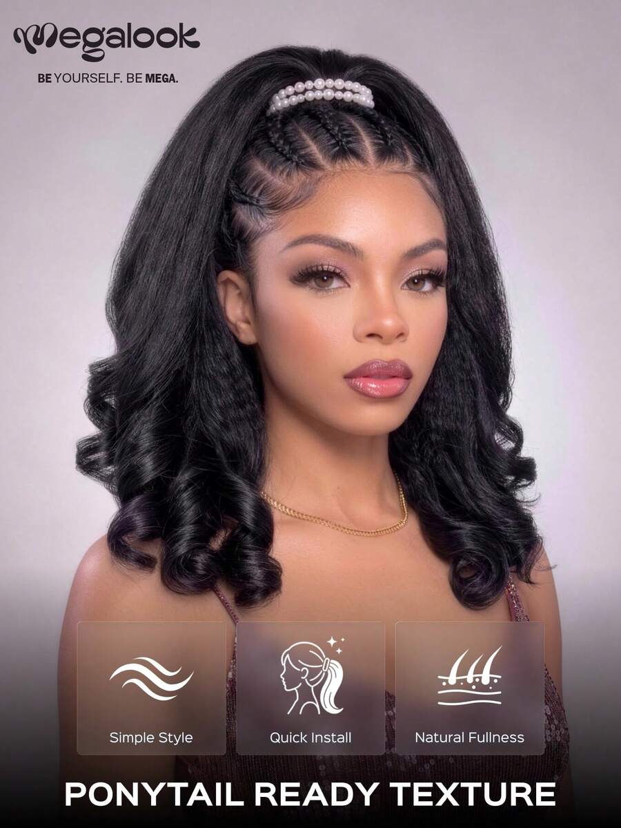 MEGALOOK Ponytail Hair Extensions Yaki Straight 100% Human Hair Half Wig Lightweight Glue-Free Installation Adjustable Drawstring Half Wig 14-22 Inches No Shedding Easy To Wear Beginner Friendly Suitable For Women