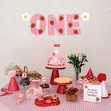 1 Set Strawberry Theme First Birthday Chair Banner, Pink Felt Cute Chair Banner, Suitable For First Birthday Party Decoration - A - View 1