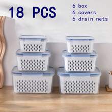 18/9/6-Piece Food- Drainage Baskets. Household Airtight Refrigerator Fresh-Keeping Storage Containers With Drain Basket And Lid For Storing Various Fruits And Vegetables. 6/3/2 Boxs+6/3/2 Covers +6/3/2 Drain Nets - View 12