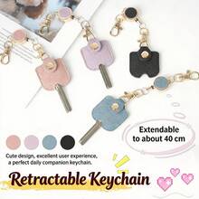 Women's Retractable Keychain, Faux Leather Extendable Keychain, 11.81-Inch Extended Length, Anti-Loss Keychain With Gold Metal Clasp, Cute And Portable Keychain, Suitable For ID Cards And Car Keys, Available In 4 Colors - View 3
