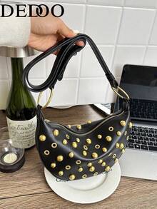 Dedoo Bolsa de Axila em PU com Rebites em Formato de Crescente, Cor Preta e Dourada Combinadas, Estilo Clássico Joker, com Enfeite de Rebites Metálicos para Realçar o Refinamento e a Personalidade - Preto - Visão 10