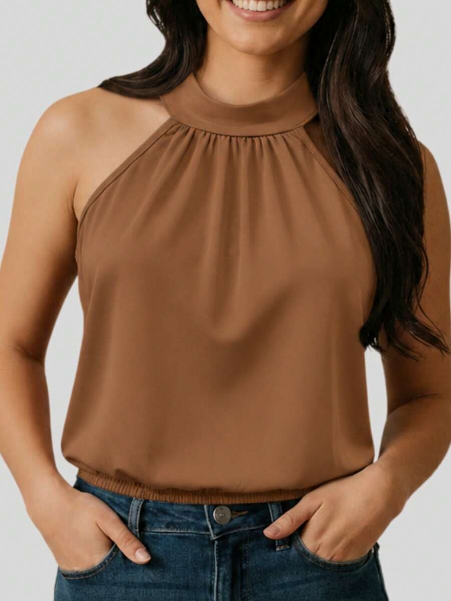 Blusa Feminina Gola Alta Halter Sem Mangas em Suplex Liso Elegante
