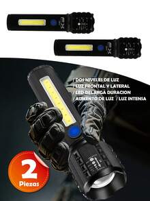 2 Pieces Strong Light LED Flashlight, Multifunctional Portable LED Outdoor Flashlight, With Lithium Battery And High Strength Material, 3 Modes, Multifunctional Zoom Telescopic Light Type-C For Outdoor Use, Suitable For Outdoor Use, Home, Hiking, Cycling, Fishing, Car, Emergency Lighting. - 2 Pieces - View 1