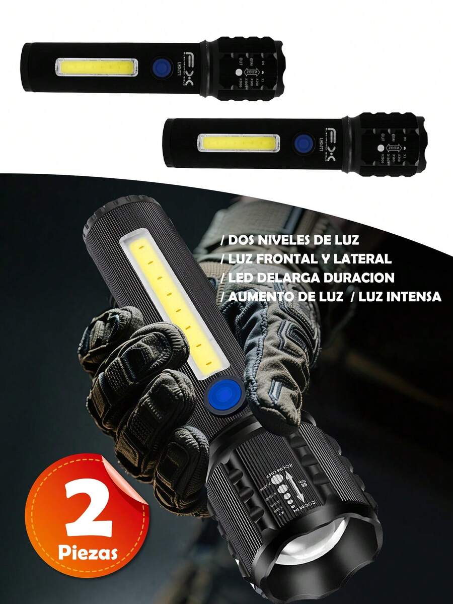 2 Pieces Strong Light LED Flashlight, Multifunctional Portable LED Outdoor Flashlight, With Lithium Battery And High Strength Material, 3 Modes, Multifunctional Zoom Telescopic Light Type-C For Outdoor Use, Suitable For Outdoor Use, Home, Hiking, Cycling, Fishing, Car, Emergency Lighting. - 2 Pieces - View 1