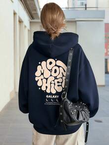 Women's Hooded Sweatshirt, Autumn/Winter New Letter Print, Drawstring Design, With Pockets, Casual Versatile Loose Top, Fashionable Daily Wear - Navy Blue - View 1