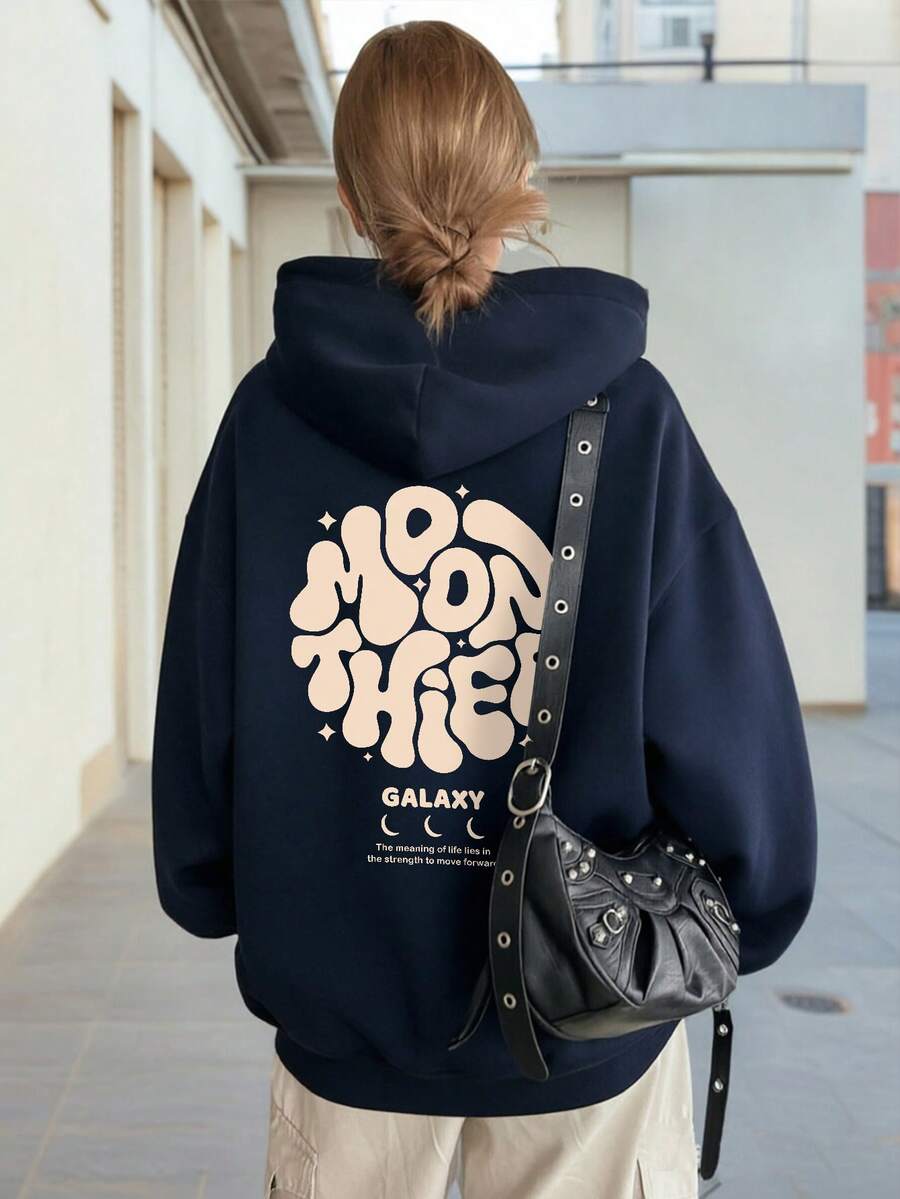 Women's Hooded Sweatshirt, Autumn/Winter New Letter Print, Drawstring Design, With Pockets, Casual Versatile Loose Top, Fashionable Daily Wear - Navy Blue - View 1