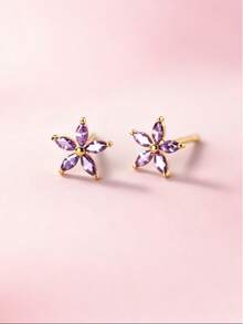1 Pair Minimalist S925 Sterling Silver Purple Zirconia Flower Stud Earrings For Women, Commute Daily Jewelry, Travel Party Gift - Flowers - Purple - View 4