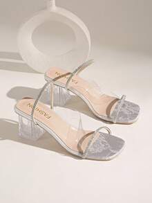 New Women's Beige Colorful Rhinestone Round Toe Open Toe Single Strap Combination Casual Slip-On Half-Back Fashion Comfortable Height-Increasing Thin Heel High Heel Sandals - Silver - View 5
