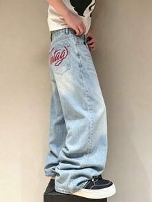 Loose-Fit Jeans Men's Streetwear Denim Pants, Loose Fit Cotton Denim Jeans With Pocket Design, Loose Fit Digital Print Cargo Style Light Color Denim Pants, Streetwear Y2K Style Best Friend Series - Light Wash - View 2