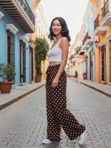 Casual Cute Polka Dot Fake Drawstring Pants Wide Leg Relaxed Fit Made In Turkey - Brown - View 2