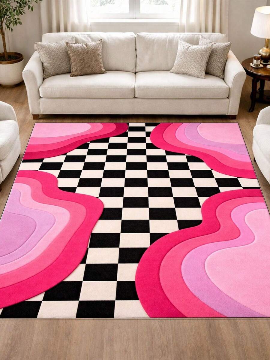 Pink abstract wave pattern checkered rug, vintage checkered rug, modern design rug - Multicolor - Ver 1