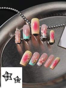24 Stück lange rechteckige Kunstnägel, Nude-Pink Macaron Farbverlauf French Manicure, 3D rosa Blume, asymmetrischer Metallrahmen, mintgrüne Welle, Goldfolie, Perlen-Fake-Nägel, inklusive Jelly-Kleber + Nagelfeile, geeignet für atmosphärische Mädchen, Reisefotografie, Pendler-Outfit - Verschiedenfarbig - Übersicht 7