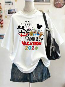 Disney Family Vacation 2026 Print Casual Women's Cotton Round Neck Short Sleeve T-Shirt, Disneyland Outfit, S~5XL - 白色 - 查看 1