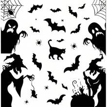 27 piezas/3 hojas Pegatinas decorativas para ventanas de Halloween, Bruja aterradora, Fantasma, Murciélago y Araña, Accesorios de bruja, Elementos de caldero de bruja - Víspera de Todos los Santos - Ver 7