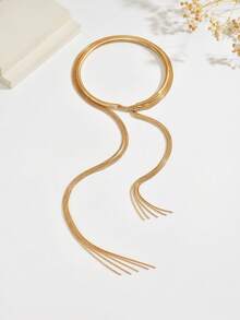 1pc Personalized Minimalist Design Long Metal Asymmetric Tassel Pendant Choker Sweater Chain Necklace Suitable For Women's Daily, Vacation, Party Wear - Gold - View 3