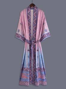 Mid-Length Kimono Sleeve Waist-Cinching Yukata, Gradient Floral & Animal Print Design, Half-Sleeve Open Collar Woven Fabric Robe Pink - Pink - View 2